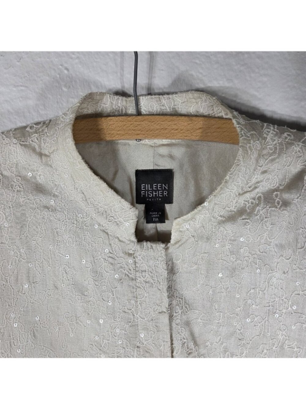 Eileen Fisher Embroidered Sequin Silk Blazer Cream High Neck Petite Size M - Picture 7 of 16